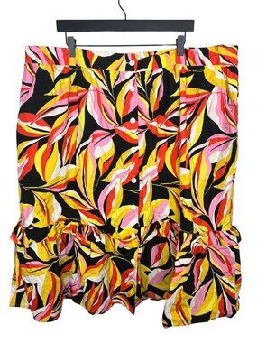 The Get Womens Plus 2X Midi Skirt Boho Ruffle Hem Pink Yellow Print